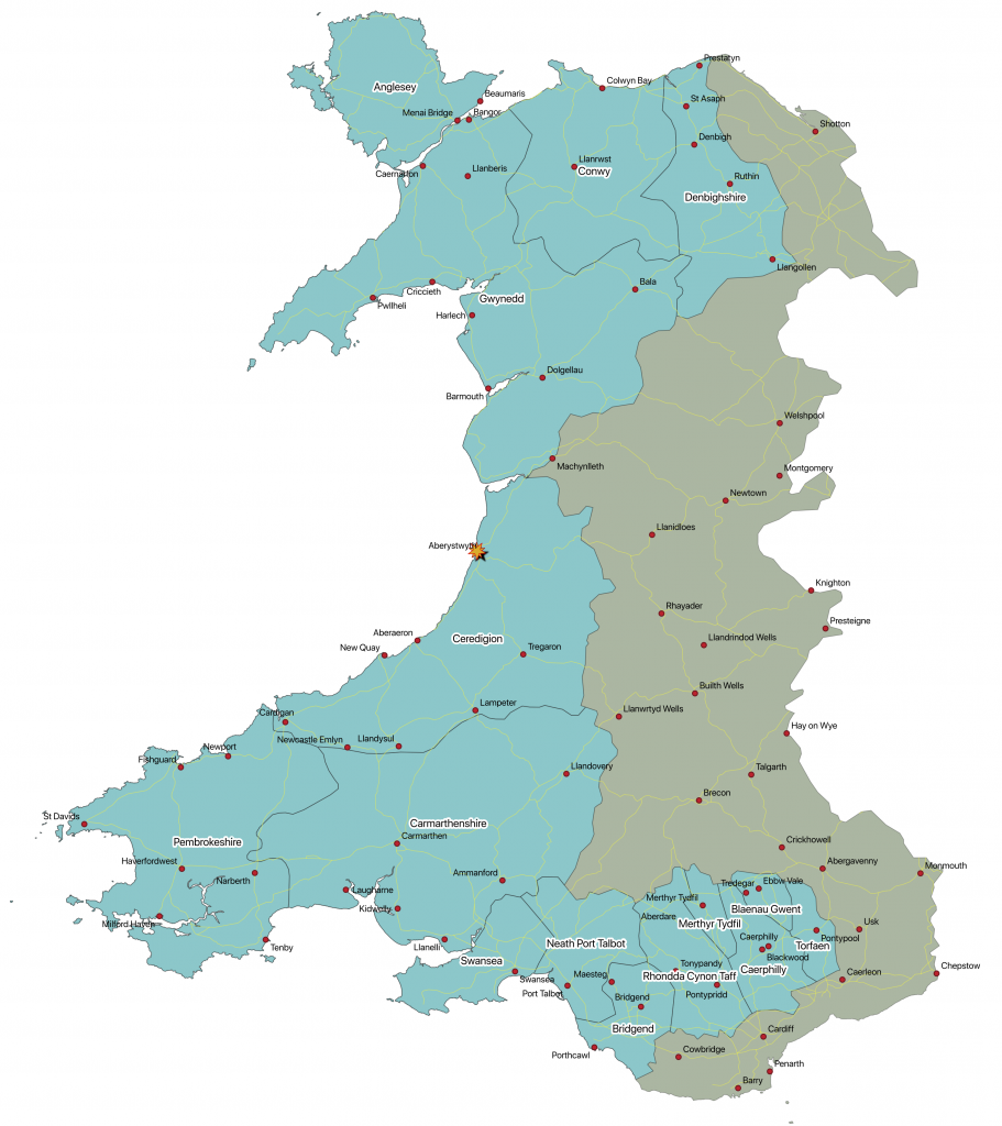 Map highlighting West Wales and the Valleys counties: Isle of Anglesey, Gwynedd, Conwy, Denbighshire, Ceredigion, Pembrokeshire, Carmarthenshire, Swansea, Neath / Port Talbot, Bridgend, Rhondda Cynon Taf, Merthyr Tudfil, Blaenau Gwent, Caerphily, Torfaen